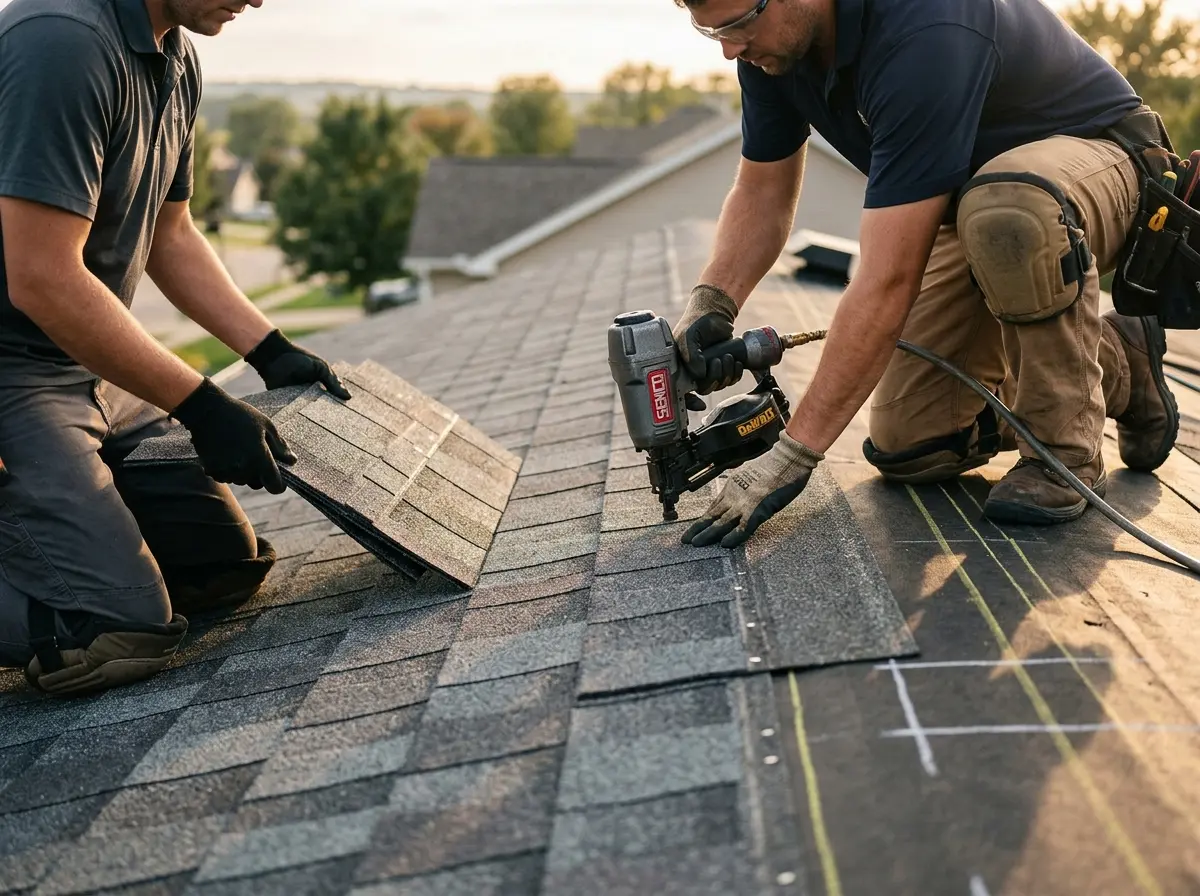 Professional roofer working on a residential roof in Trumbull